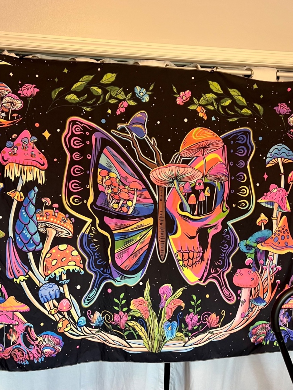 Blacklight Mushroom Butterfly Skull Fluorescent Tapestry Wall ART Psychedelic